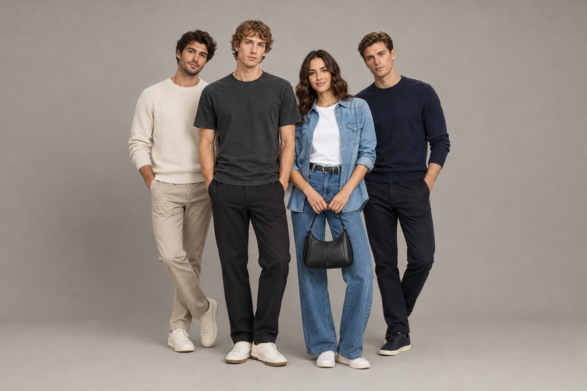 comleet  Drie mannen in casual outfits en een vrouw in denim met een zwarte handtas tegen een grijze achtergrond.