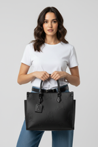 Model met tas, detailopname