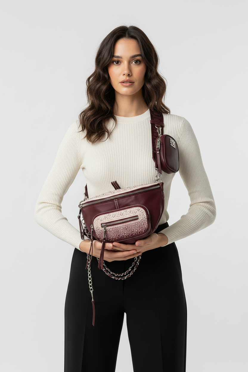 Model met tas, detailopname