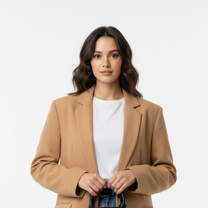 Model met tas, detailopname