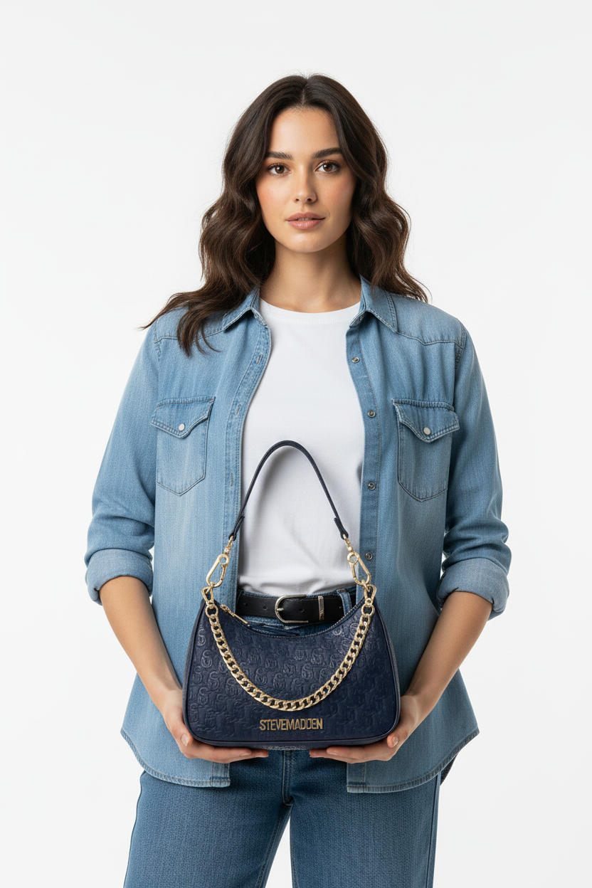 Model met tas, detailopname