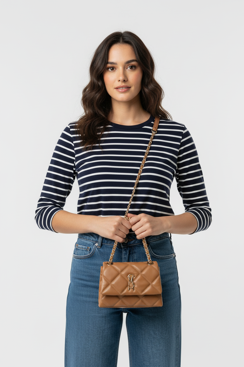 Model met tas, detailopname