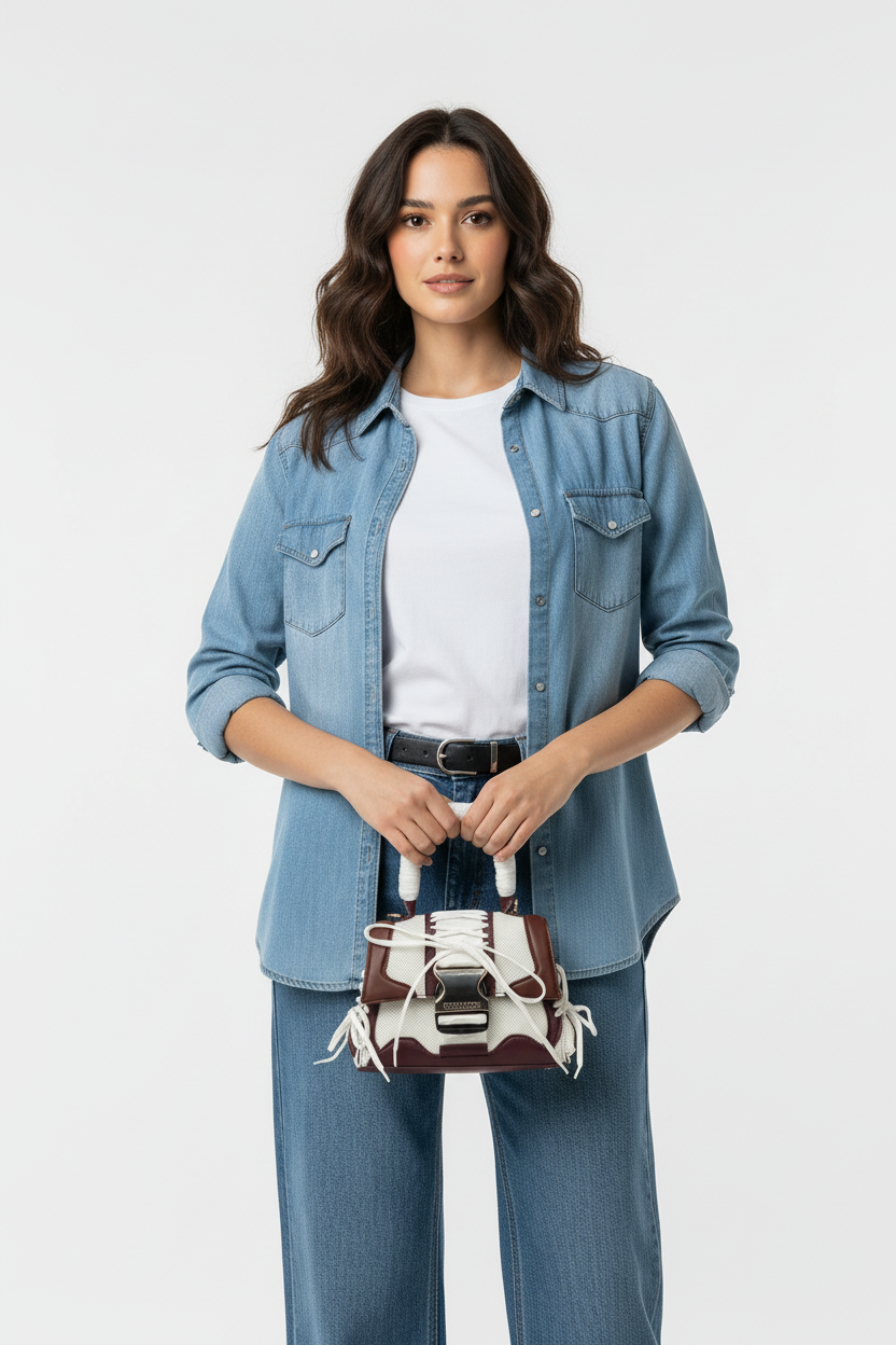 Model met tas, detailopname