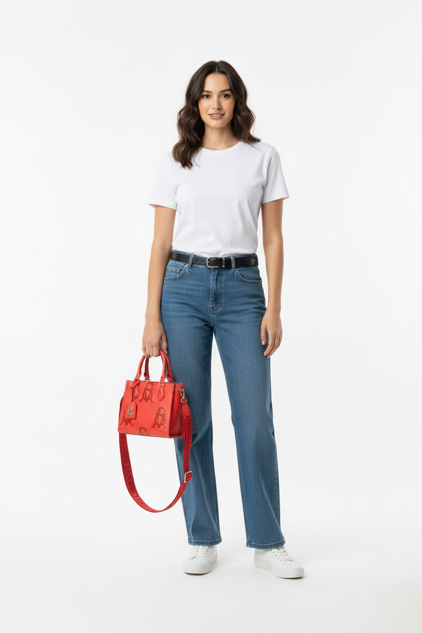 Model met tas, detailopname