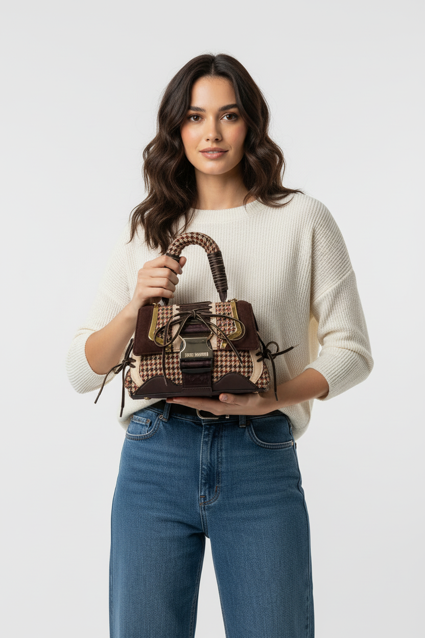 Model met tas, detailopname