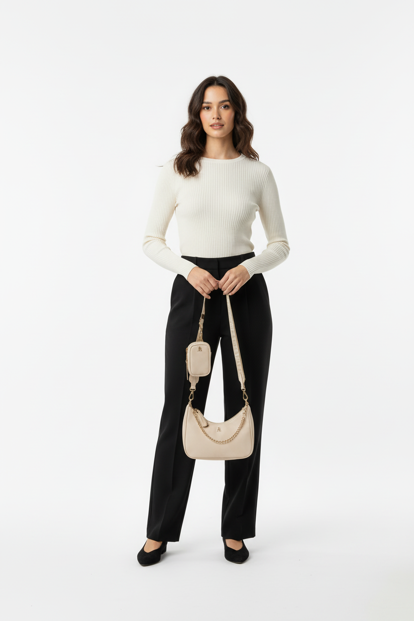 Model met tas, overzichtsfoto
