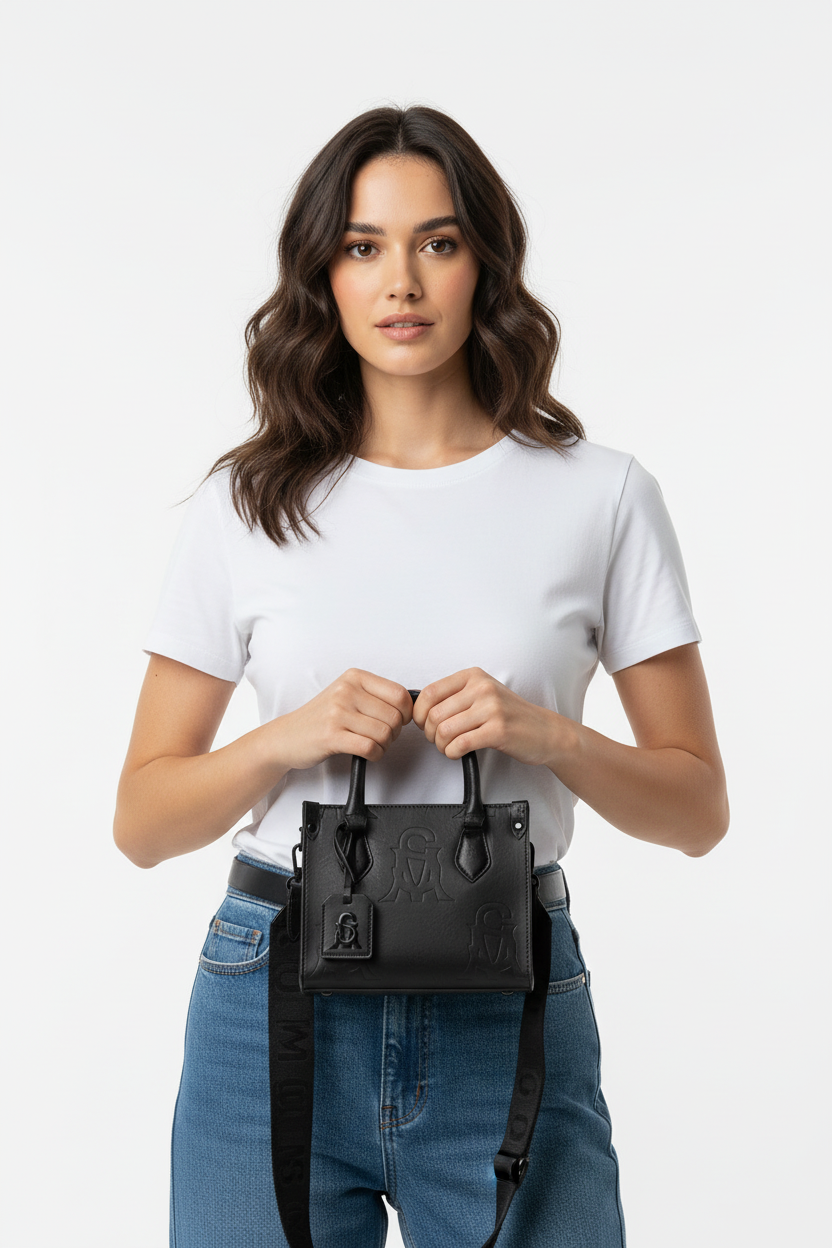 Model met tas, overzichtsfoto