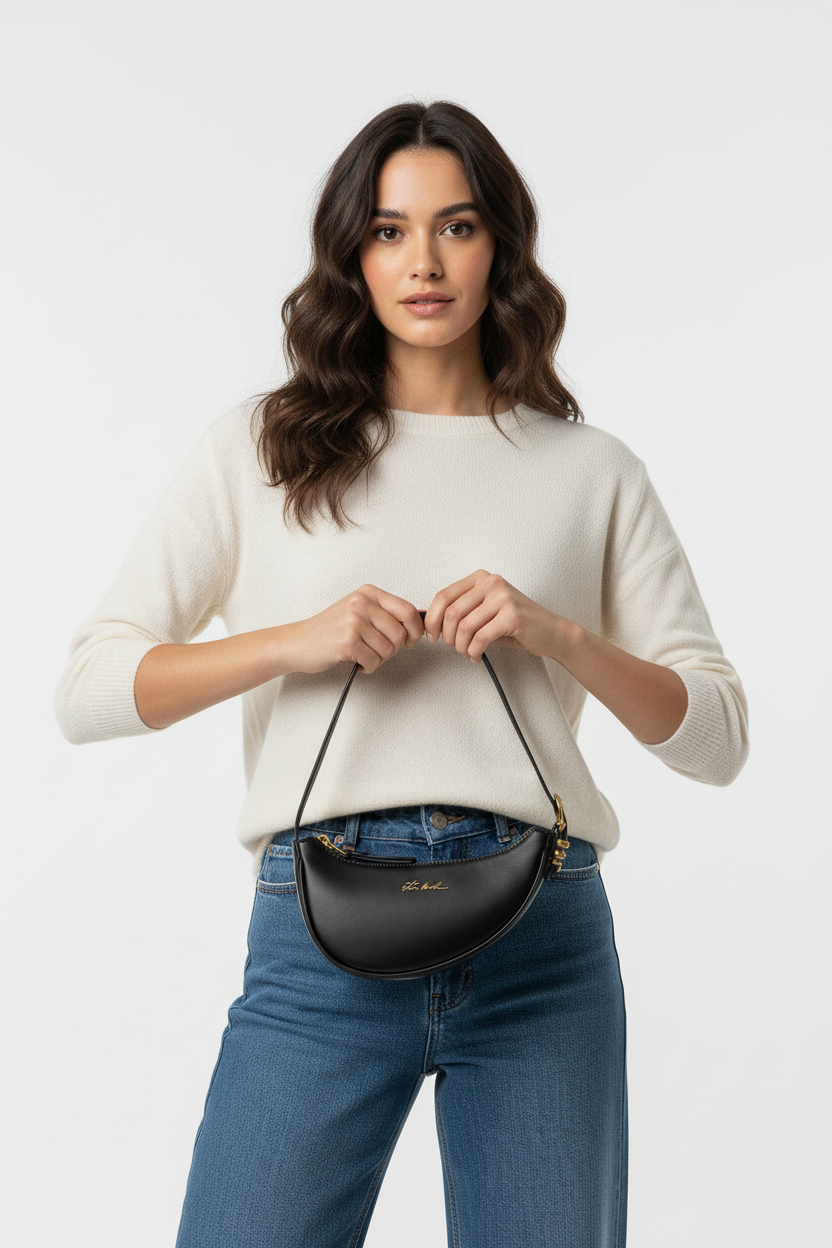 Model met tas, detailopname