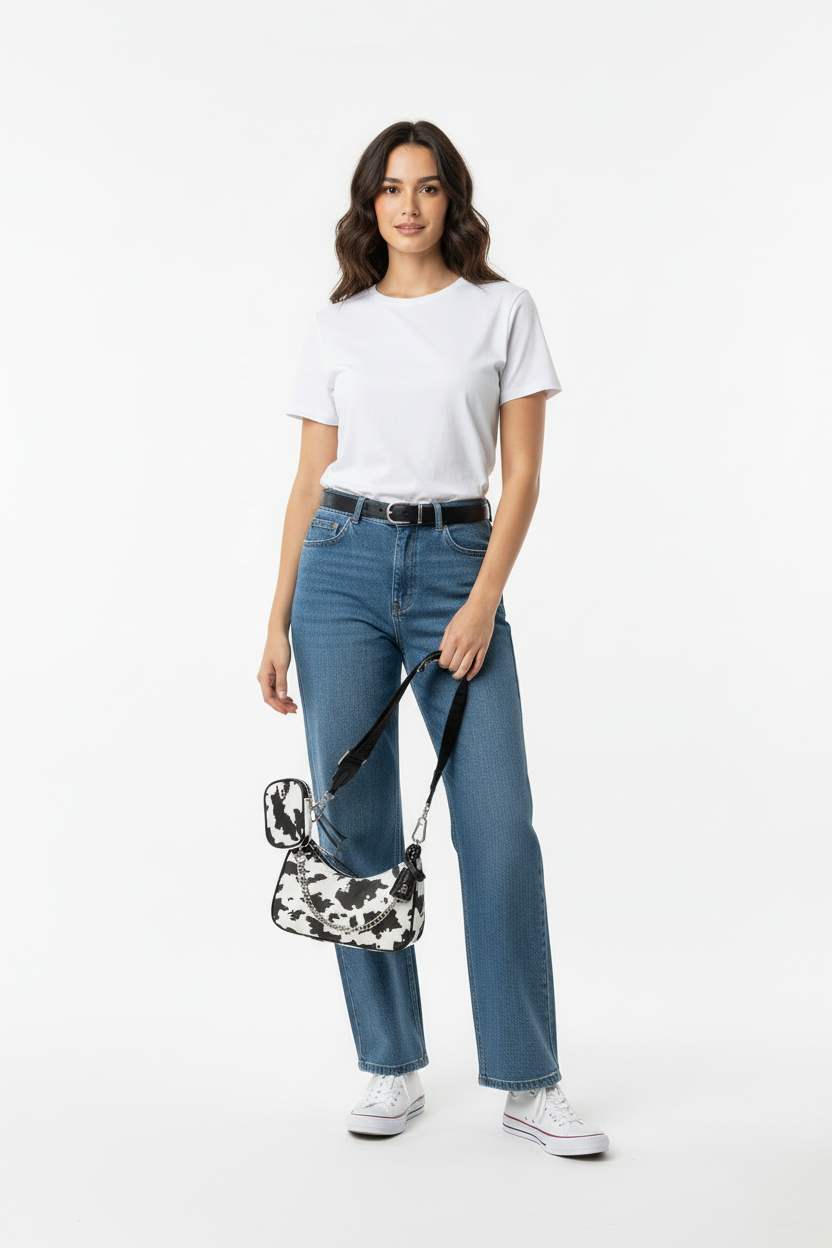 Model met tas, detailopname