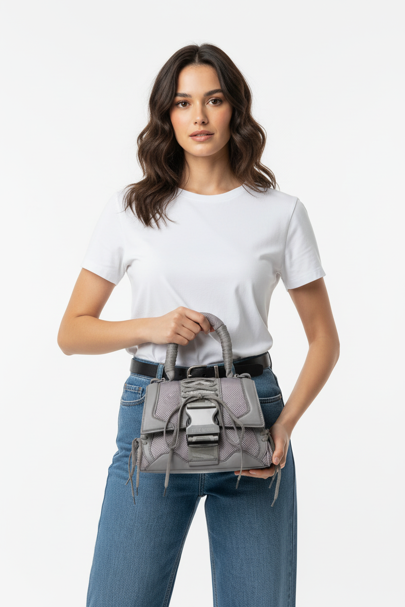 Model met tas, detailopname