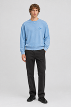 Mannelijk model met de lichtblauwe Gap Sweater Overdye met Logo, volledig van voren gefotografeerd