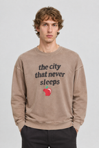 Vooraanzicht van een mannelijk model met de Only & Sons Sweater Raiden met de tekst the city that never sleeps en een rode appel