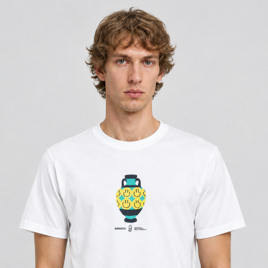 Vooraanzicht van een mannelijk model met het witte Wemoto T-shirt Bruce Vase Tee met een geel-turquoise vaasprint